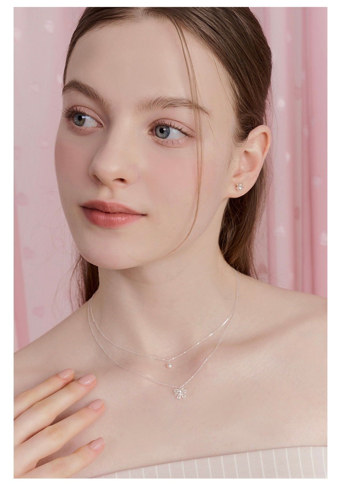 ■ENGBROX■ silver925 lacy ribbon pearl layered necklace EBN silver925][태연 착용] lacy ribbon pearl layered necklace